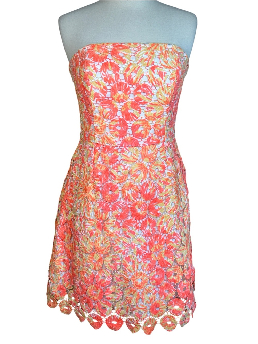 Lilly Pulitzer Rana strapless dress pink and yellow floral lace overlay size 4